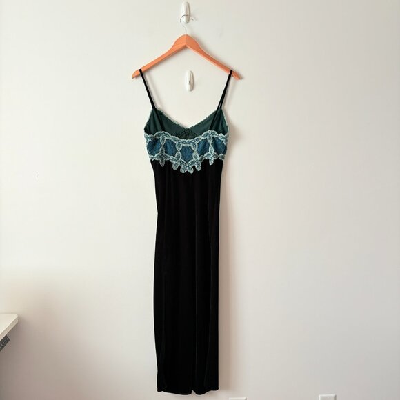 Zara Crochet Velvet Maxi Dress Side Slit Dark Green Size XS - Picture 7 of 9